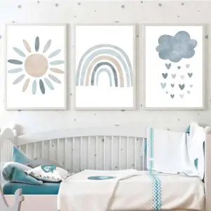 ALAYRA Nursery Wall Prints Blue Sunshine Rainbow Cloud Canvas Wall Art, Child Wall Art Poster Boho Nordic Wall Pictures for Boys Baby Kids Room Decor Unframed 01