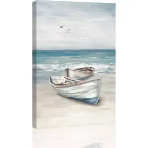ALAYRA Ocean Wall Art Blue White Sea Canvas Paintings Sandy Beach Pictures Boat Coastal Artwork Framed Seashore Prints Seaside View Home Decor for Bathroom Living Room Bedroom 40x60cm 01