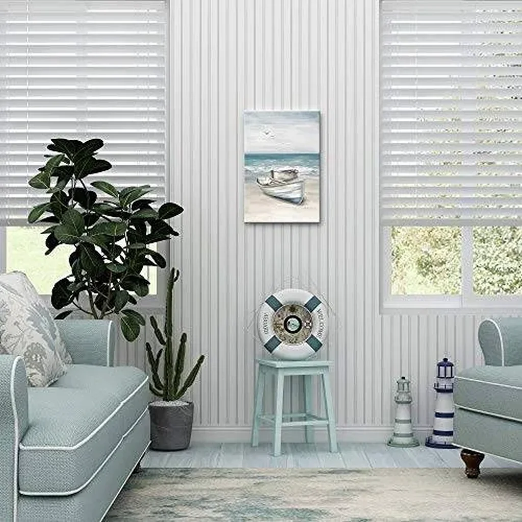 ALAYRA Ocean Wall Art Blue White Sea Canvas Paintings Sandy Beach Pictures Boat Coastal Artwork Framed Seashore Prints Seaside View Home Decor for Bathroom Living Room Bedroom 40x60cm 01 - Image 2