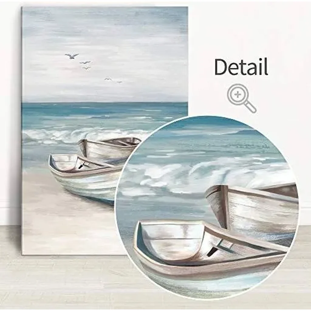 ALAYRA Ocean Wall Art Blue White Sea Canvas Paintings Sandy Beach Pictures Boat Coastal Artwork Framed Seashore Prints Seaside View Home Decor for Bathroom Living Room Bedroom 40x60cm 01 - Image 3