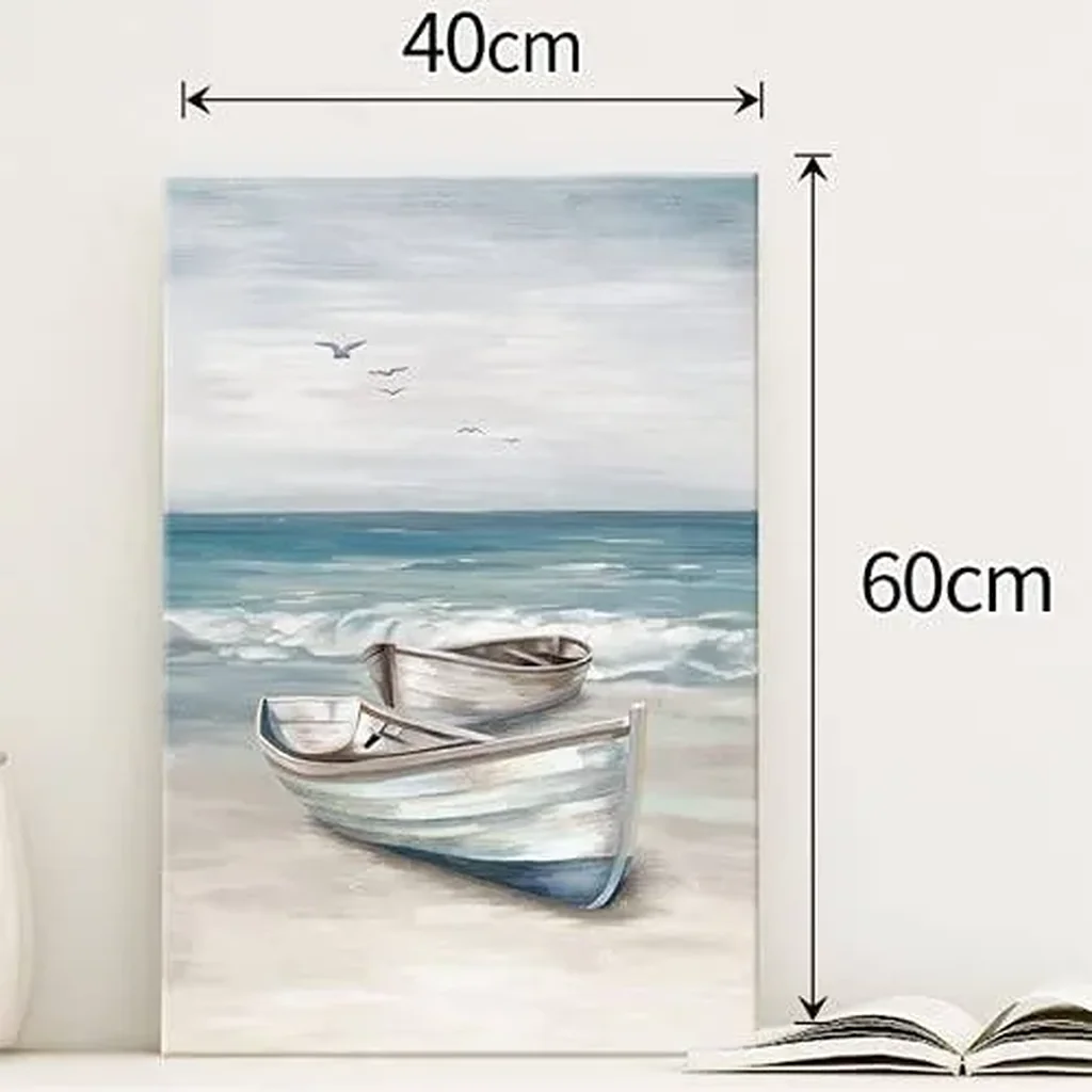 ALAYRA Ocean Wall Art Blue White Sea Canvas Paintings Sandy Beach Pictures Boat Coastal Artwork Framed Seashore Prints Seaside View Home Decor for Bathroom Living Room Bedroom 40x60cm 01 - Image 4