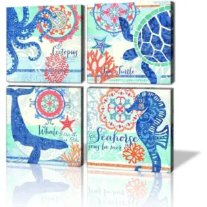 ALAYRA Ocean Wall Art, Bathroom Wall Art, Beach Wall Art Decor, Modern Canvas Wall Art Decorations for Bathroom Bedroom and Living Room (Seahorse, 12" Wx12 Hx4pcs) 01