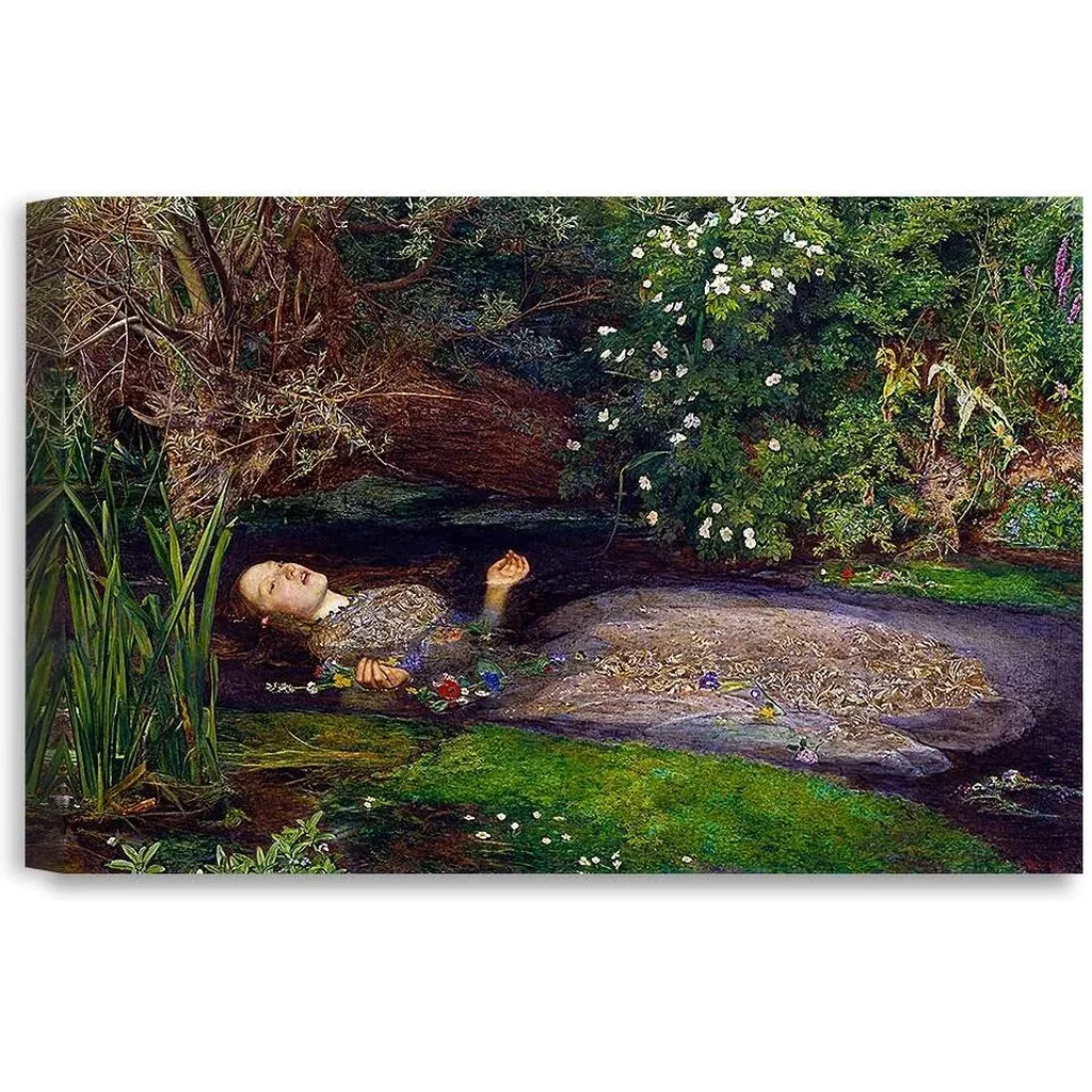 ALAYRA Ophelia by John Everett Millai. Reproduction, Giclee Print on Canvas. Ready to Hang Wall Art for Home, Bedroom, Office Decor. 24x16 01