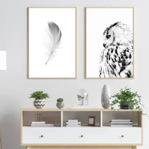 ALAYRA Owl Wall Art Animal Posters Feather Wall Art Owl Wall Decor Black and White Wall Art Feather Wall Decor Bird Wall Art for Living Room Bedroom Office 16x24 Inch Set of 2 Unframed 01