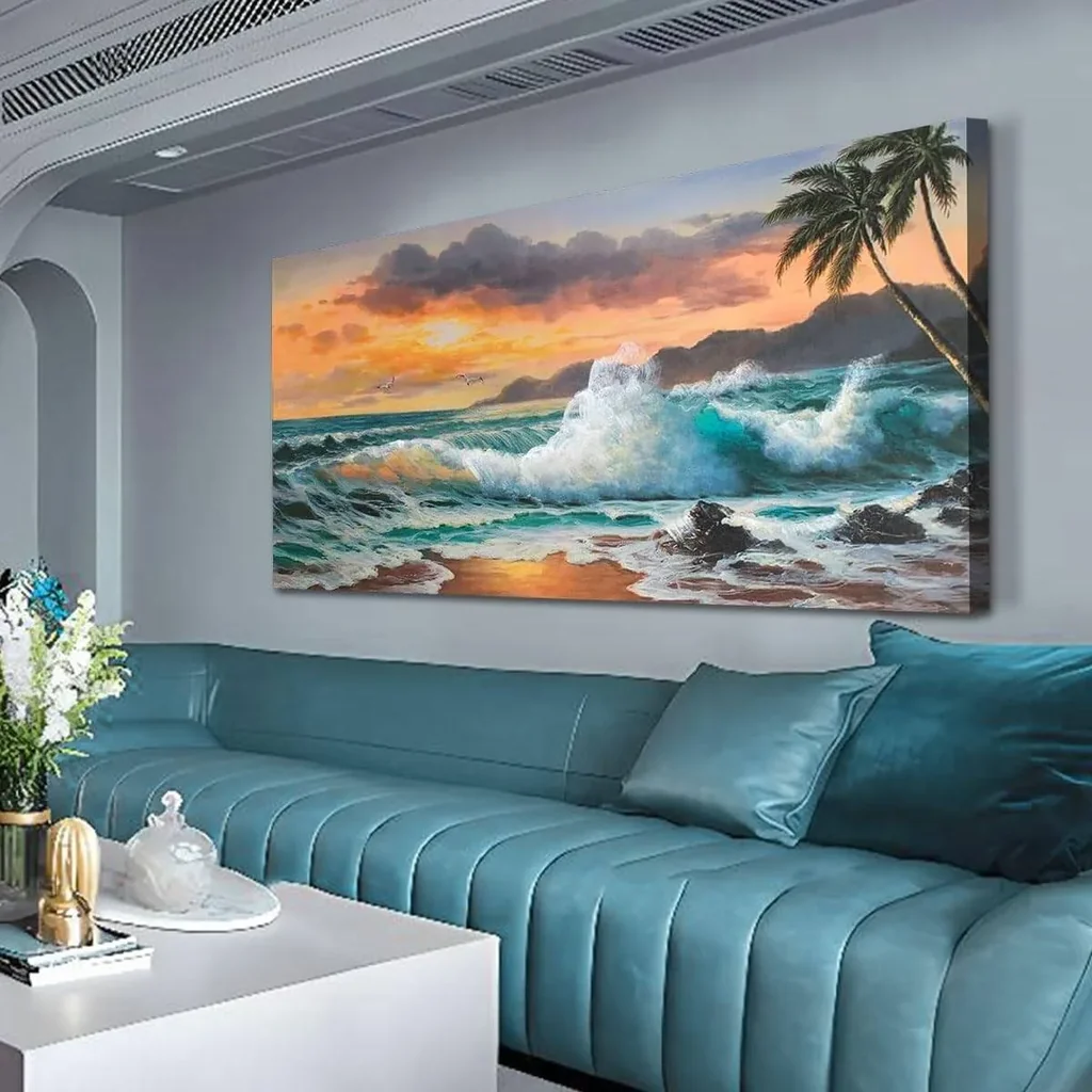 ALAYRA Palm Tree Canvas Wall Art Beach Sunset Seawave Tropical Picture Blue Ocean, Seascape Beach Painting Large Framed Panoramic Landscape for Bathroom Living Room Bedroom Home Office Decor, 48"x24"