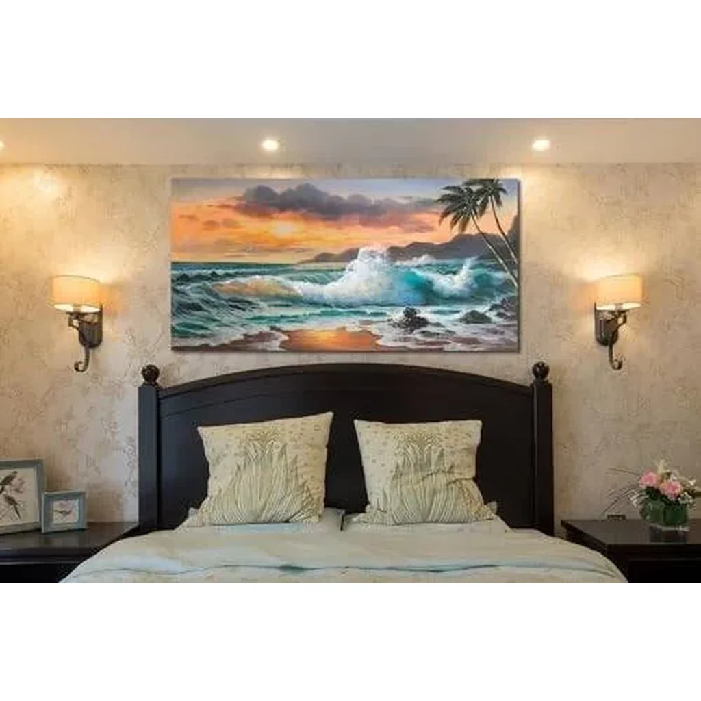 ALAYRA Palm Tree Canvas Wall Art Beach Sunset Seawave Tropical Picture Blue Ocean, Seascape Beach Painting Large Framed Panoramic Landscape for Bathroom Living Room Bedroom Home Office Decor, 48"x24" - Image 2