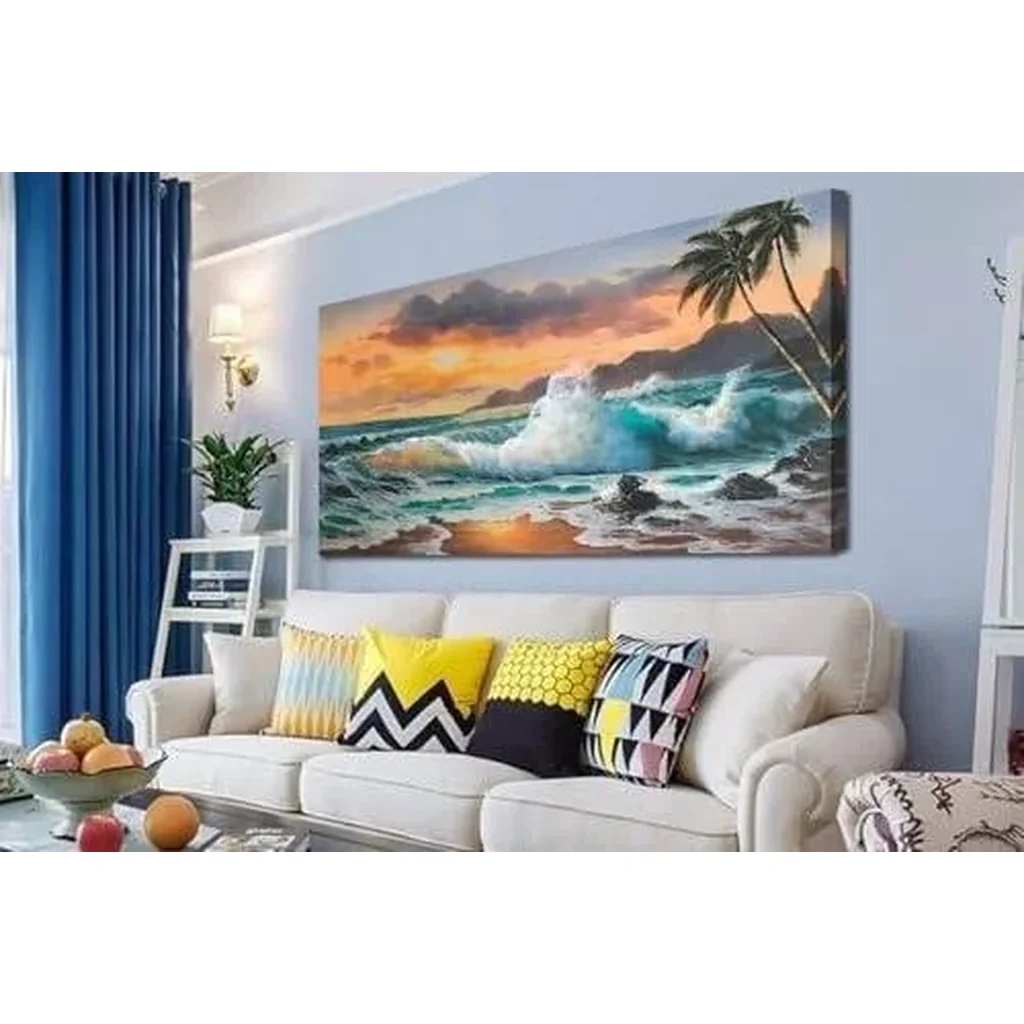 ALAYRA Palm Tree Canvas Wall Art Beach Sunset Seawave Tropical Picture Blue Ocean, Seascape Beach Painting Large Framed Panoramic Landscape for Bathroom Living Room Bedroom Home Office Decor, 48"x24" - Image 3