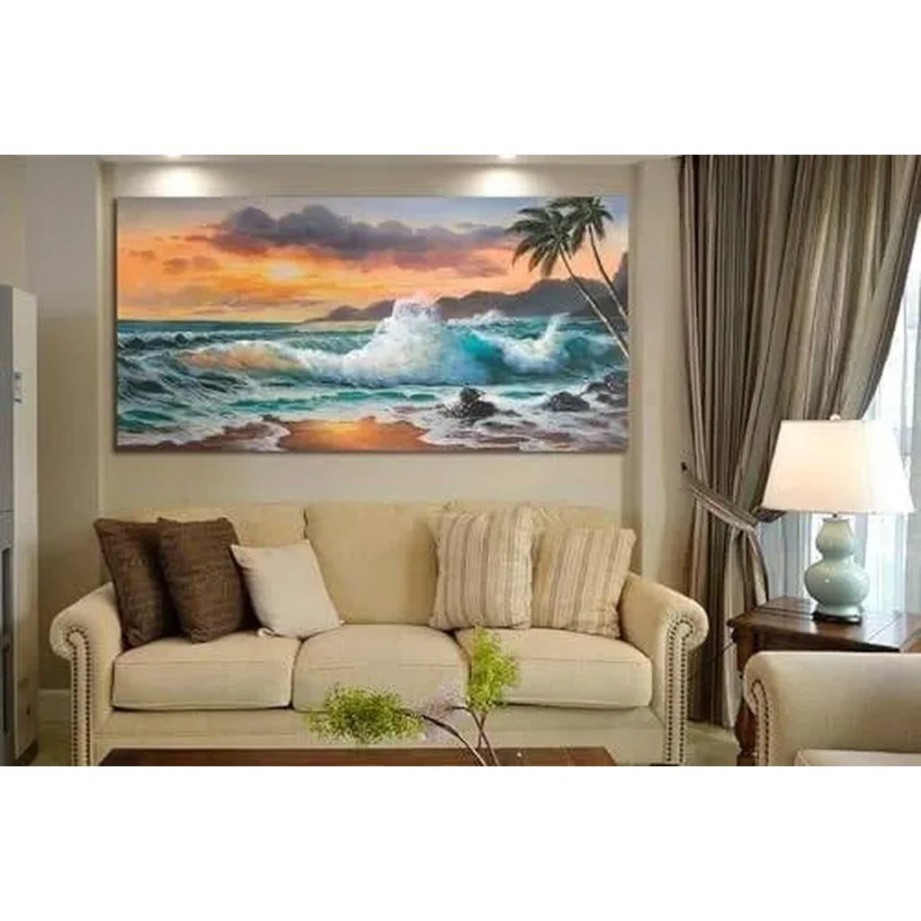 ALAYRA Palm Tree Canvas Wall Art Beach Sunset Seawave Tropical Picture Blue Ocean, Seascape Beach Painting Large Framed Panoramic Landscape for Bathroom Living Room Bedroom Home Office Decor, 48"x24" - Image 4
