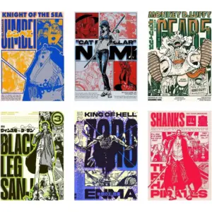 ALAYRA paper Pack of 6 - One Piece Anime Wall Posters 8x12 inch (A4 Size) Included Glue dots Wall Decor Posters Wall Art For Bedroom, Living room, Office - Luffy, Zoro, Nami, Shanks 01