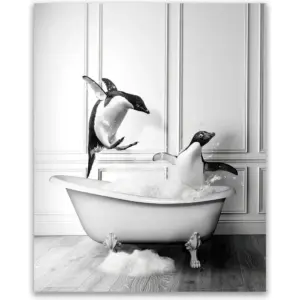 ALAYRA Penguin Bathroom Canvas Wall Art - Penguin in The Bathtub Picture Funny Bathroom Black and White Animal Poster Wall Decor Unframed 12x16inches/30x40cm 01