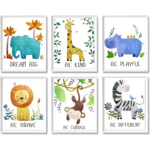 ALAYRA Pepper & Moose Baby Nursery Decor - Jungle Safari Animal Unframed Wall Art -Set of 6 Posters 8x10 - Lion, Giraffe, Elephant, Monkey, Zebra, Hippo with Inspirational Quotes for Boy Girl Kids 01