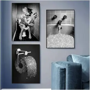 ALAYRA Pictures Black and White Set, Bathroom Pictures, Animal in the Bathtub Pictures, Black and White Vintage Canvas Pictures, Poster, Toilet, Bathroom, Home Decor - Without Frame (Dream Woman, 40 x