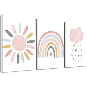 ALAYRA Pink Cloud Sun Rainbow Poster Nursery Wall Art Print Child Canvas Painting Nordic Pictures Kids Room Home Decor 3Psc/set (8x12inchx3(20x30cmx3), No Frame) 01