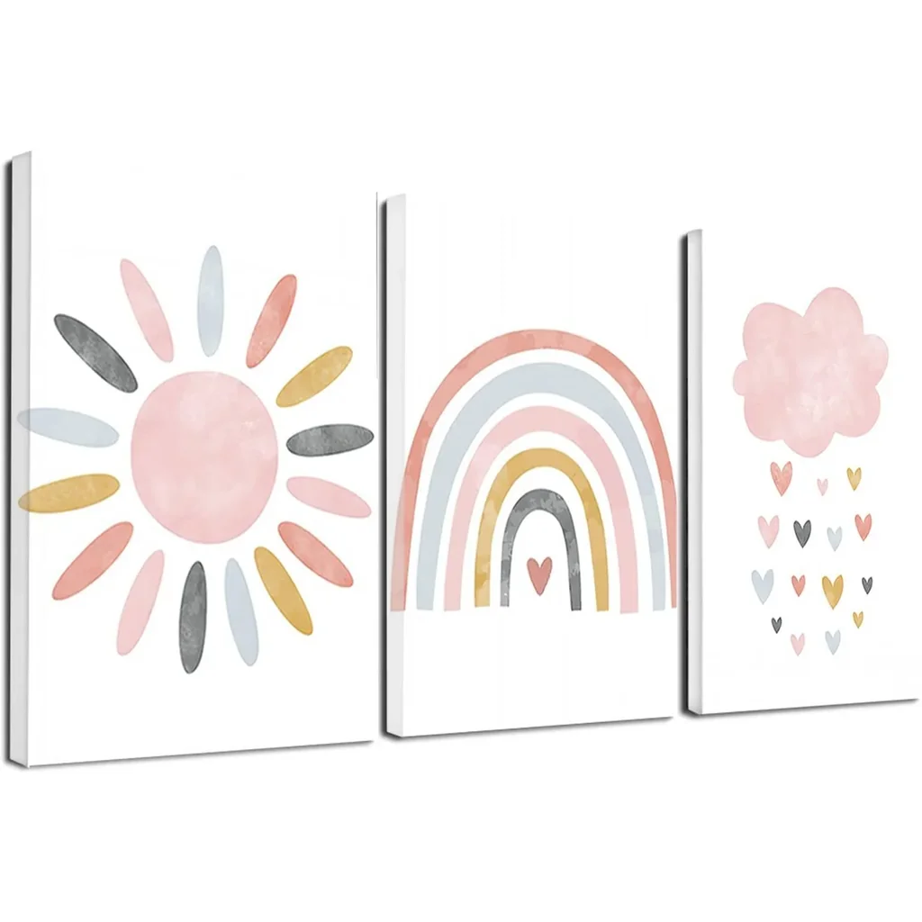 ALAYRA Pink Cloud Sun Rainbow Poster Nursery Wall Art Print Child Canvas Painting Nordic Pictures Kids Room Home Decor 3Psc/set (8x12inchx3(20x30cmx3), No Frame) 01