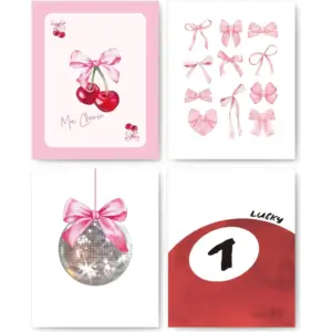 ALAYRA Pink Coquette Trendy Preppy Wall Art Prints Set of 4, Coquette Room Decor, Preppy Room Decor Aesthetic, Pink Bow Disco 7 Ball Cherry Wall Decor Posters for Girls Bedroom Dorm, 8x10 Unframed 01
