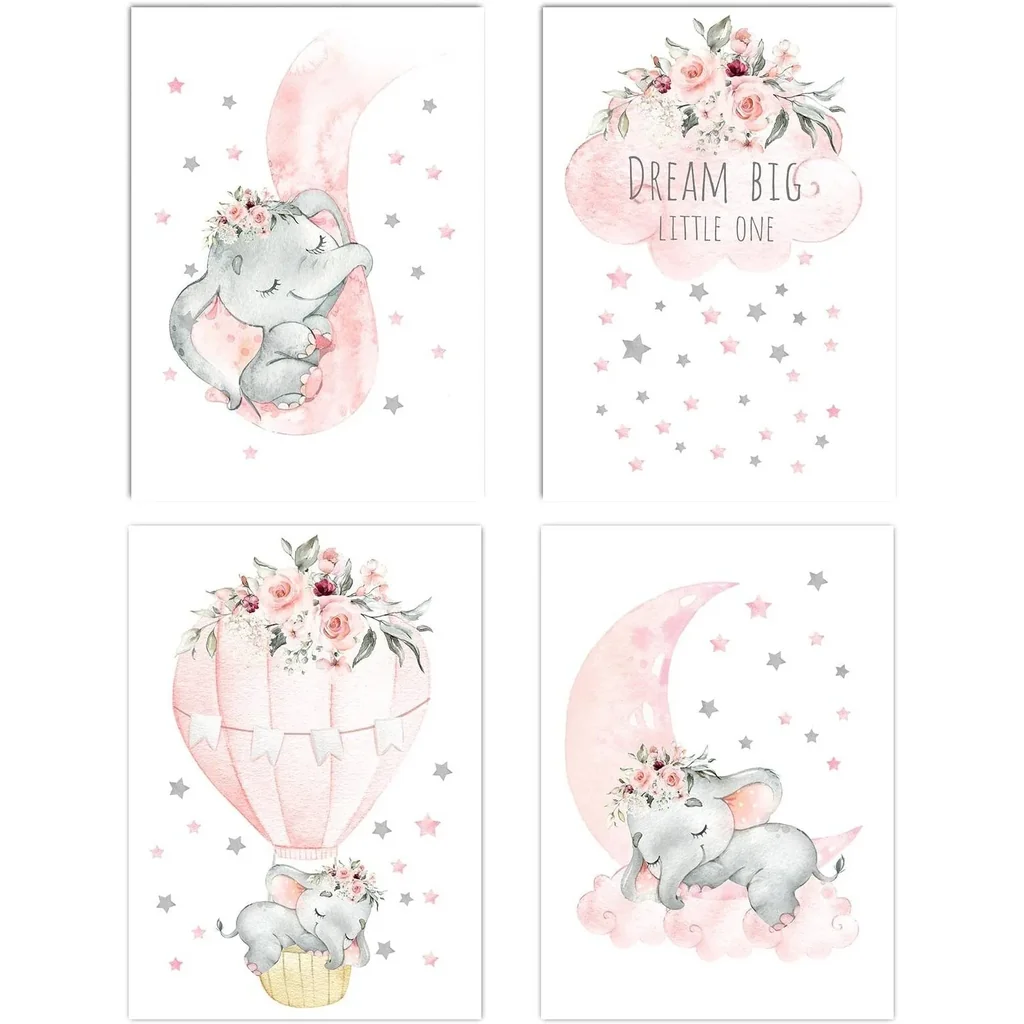 ALAYRA Pink Elephant Nursery Wall Decor Set of 4 Baby Girl Room Decor Elephant Wall Art Goodnight On A Hot Air Balloon Dream Big Little one(8x10in)(Unframed) 01