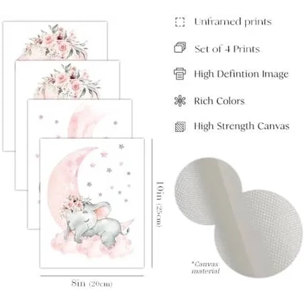 ALAYRA Pink Elephant Nursery Wall Decor Set of 4 Baby Girl Room Decor Elephant Wall Art Goodnight On A Hot Air Balloon Dream Big Little one(8x10in)(Unframed) 01 - Image 4