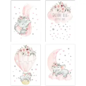 ALAYRA Pink Elephant Nursery Wall Decor Set of 4 Baby Girl Room Decor Elephant Wall Art Goodnight On A Hot Air Balloon Dream Big Little OneBaby Room Wall Decor(12"x16")(Unframed) 01