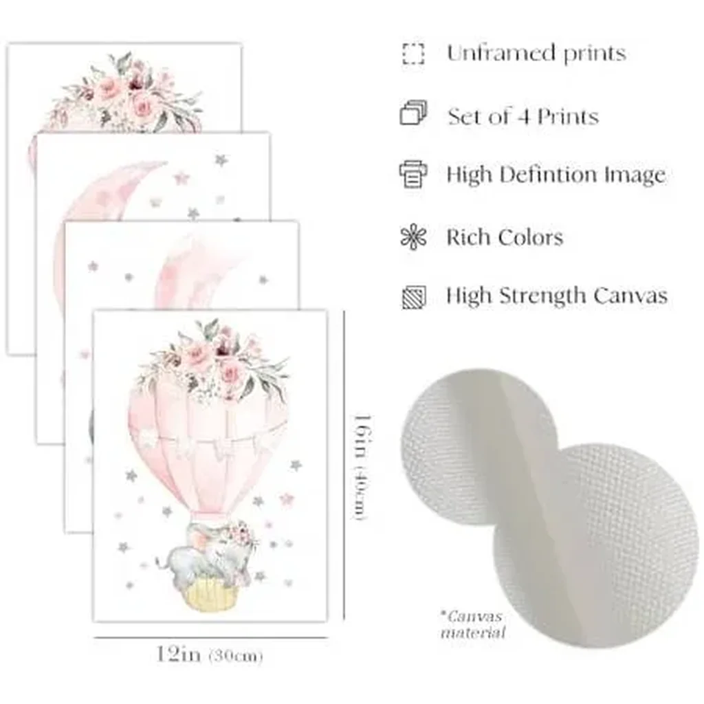 ALAYRA Pink Elephant Nursery Wall Decor Set of 4 Baby Girl Room Decor Elephant Wall Art Goodnight On A Hot Air Balloon Dream Big Little OneBaby Room Wall Decor(12"x16")(Unframed) 01 - Image 4