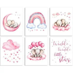 ALAYRA Pink Elephant Nursery Wall Decor Set of 6 Baby Girl Room Decor Elephant Wall Art Goodnight on A Hot Air Balloon Dream Big Little One(8x10) Unframed 01