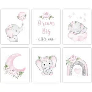 ALAYRA Pink Elephant Nursery Wall Decor Set of 6 Baby Girl Room Decor Elephant Wall Art Goodnight On Moon Dream Big Little One Decoration for Kids Nursery Girls Room(8"x10")(Unframed) 01