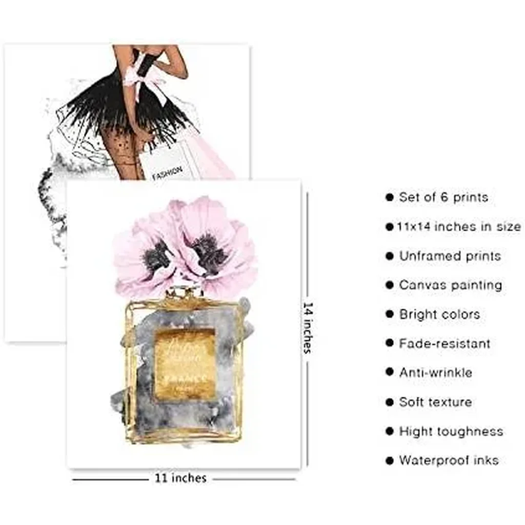 ALAYRA Pink Fashion Canvas Wall Art Prints Trendy Book Stack Canvas Poster Picture Artwork Glam Room Wall Decor Woman Makeup Flowers Perfume Art Print for Bedroom Bathroom (11"x14" UNFRAMED) 01 - Image 5