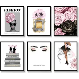 ALAYRA Pink Fashion Canvas Wall Art Prints Trendy Book Stack Canvas Poster Picture Artwork Glam Room Wall Decor Woman Makeup Flowers Perfume Art Print for Bedroom Bathroom (8"x10" UNFRAMED) 01