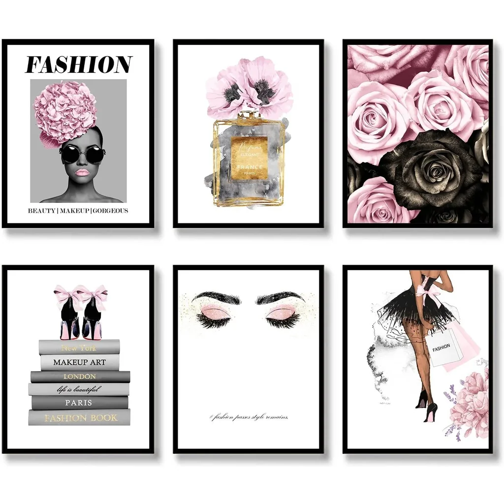 ALAYRA Pink Fashion Canvas Wall Art Prints Trendy Book Stack Canvas Poster Picture Artwork Glam Room Wall Decor Woman Makeup Flowers Perfume Art Print for Bedroom Bathroom (8"x10" UNFRAMED) 01