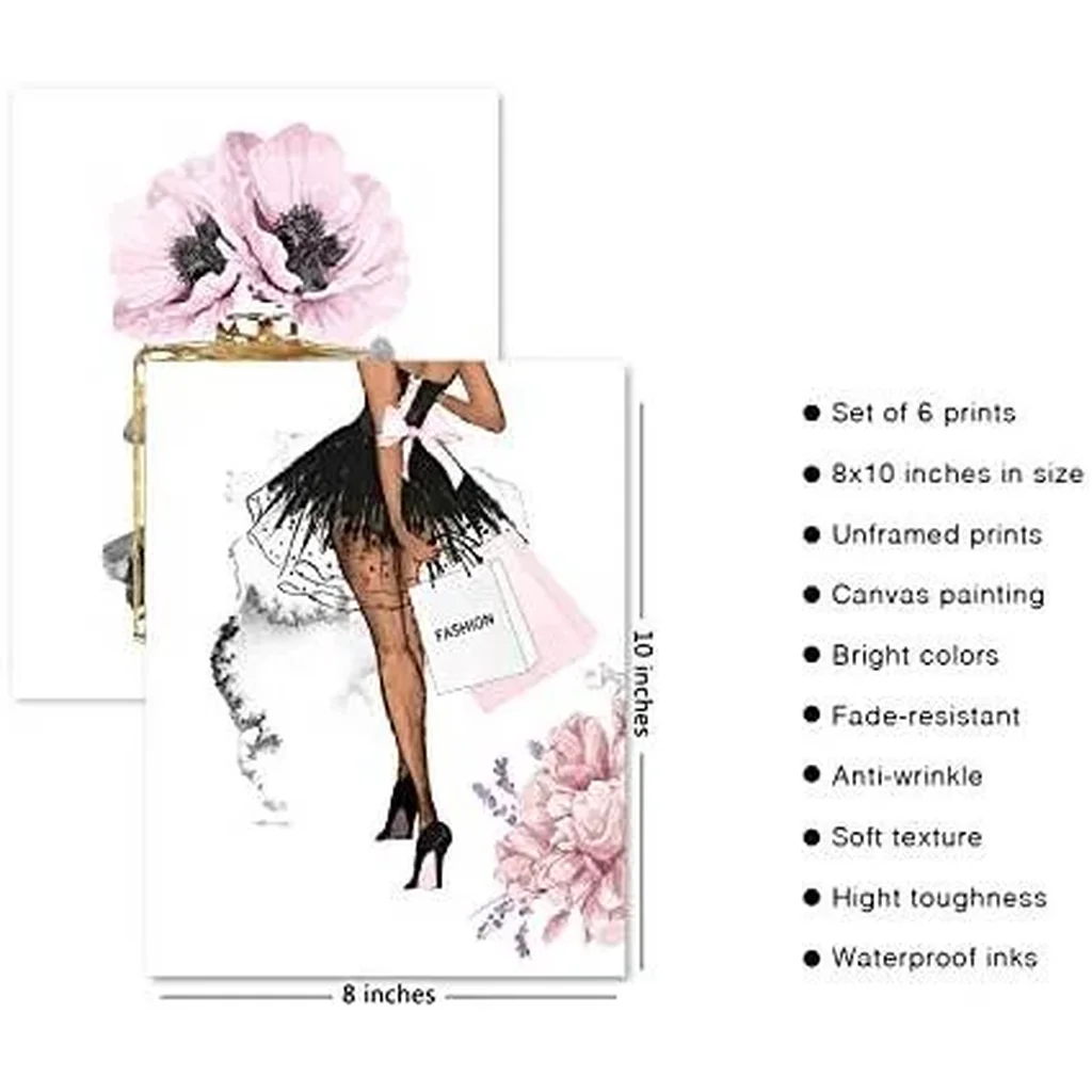 ALAYRA Pink Fashion Canvas Wall Art Prints Trendy Book Stack Canvas Poster Picture Artwork Glam Room Wall Decor Woman Makeup Flowers Perfume Art Print for Bedroom Bathroom (8"x10" UNFRAMED) 01 - Image 3