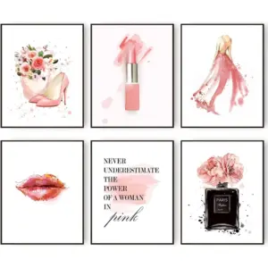 ALAYRA Pink Fashion Wall Art Woman Picture Paintings Posters Makeup Room Decor Perfume High Heels Lipstick Gift Wall Canvas Prints for Girls Bedroom Decor 8x10 Inch Unframed 01