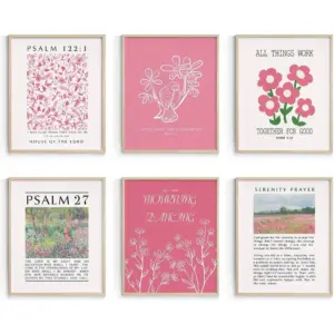 ALAYRA Pink Flower Wall Art Prints, Retro Wall Decors for Room Aesthtic, Abstract Posters for Girls Bedroom Decor Aesthetic Unframed, 8X10in, Set of 6 01