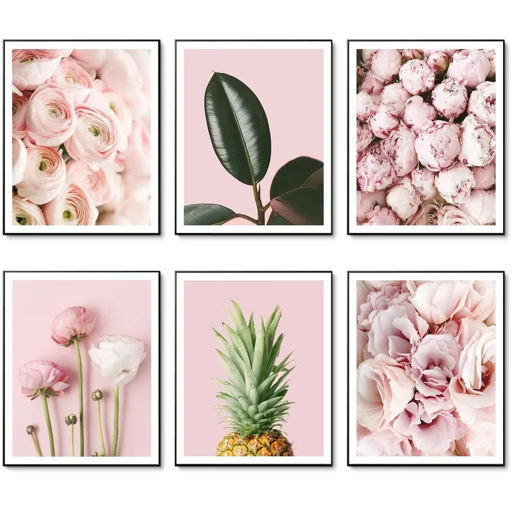 ALAYRA Pink Flowers Art Poster Minimalist Wall Art Prints Green Plant Leaf Canvas Pictures Wall Decor for Room Bedroom Modern Living Room Bathroom Home Decor (11"x14" UNFRAMED) 01