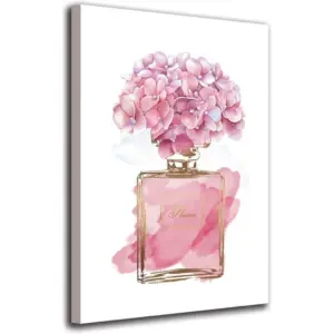 ALAYRA Pink Flowers Wall Art Fashion Canvas Pictures Girls Bedroom Wall Decor Hydrangea Contemporary Canvas Artwork Botanic Perfume Bottle Living Room Bathroom Decor Framed Ready to Hang 16" x 24" 01