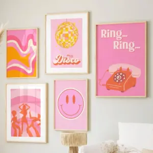 ALAYRA Pink Retro Wall Art 70s Canvas Wall Decor 60s Disco Preppy Wall Art Orange Pictures Fashion Girl Posters Trendy Artwork Vintage Prints Set of 5 for Room Bedroom 12x16 Inch Unframed 01