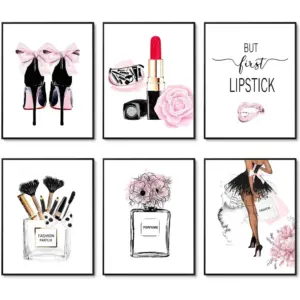 ALAYRA Pink Room Decor Fashion Wall Art Prints Set of 6 Pink Flower Perfu Lipstick Makeup Art Posters Girls Makeup Room Decor for Bedroom Decor (11"x14" UNFRAMED) 01