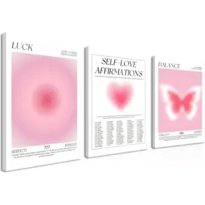 ALAYRA Pink Wall Decor Art Set of 3 - Angel Aura Number Motivational Wall Art, Girls Pink Love Butterfly Canvas Paintings Prints for Room Decor, Living Room, Bedroom - 12x16 in Framed 01