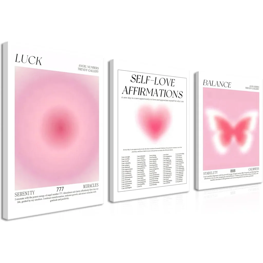 ALAYRA Pink Wall Decor Art Set of 3 - Angel Aura Number Motivational Wall Art, Girls Pink Love Butterfly Canvas Paintings Prints for Room Decor, Living Room, Bedroom - 12x16 in Framed 01