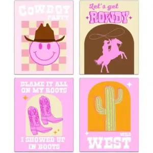 ALAYRA Pink Western Cowgirl Theme Wall Art, Vintage Cowgirl Canvas Poster, Cowgirl Boots Glamour Cowgirl Aesthetic Art Prints for Preppy Room Girls Bedroom College Dorm Room Decor, 4 Set-(8"x10" Unfra
