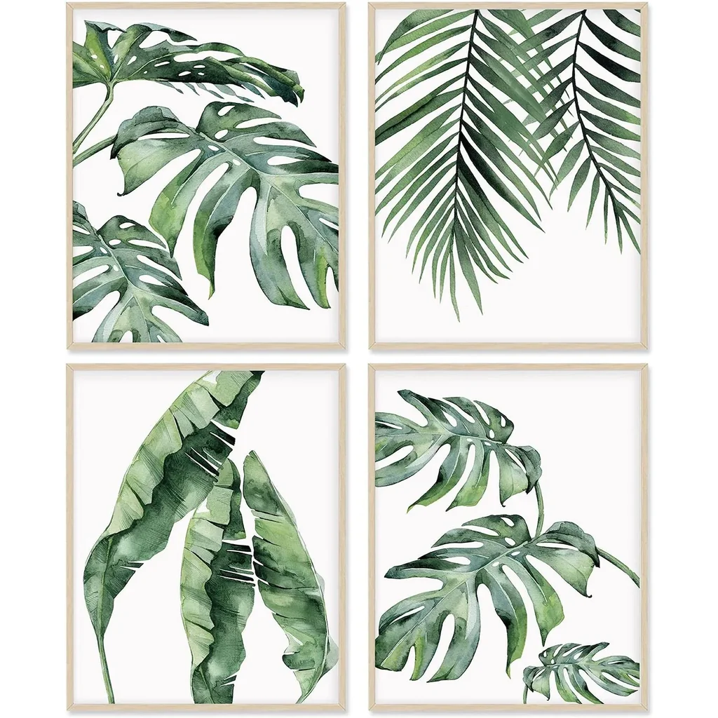 ALAYRA Plant Posters Leaf Art Green Decor, Set of 4, 8x10 Unframed Poster Canvas Prints, Botanical Wall Art Prints for Wall Decor Living Room 01