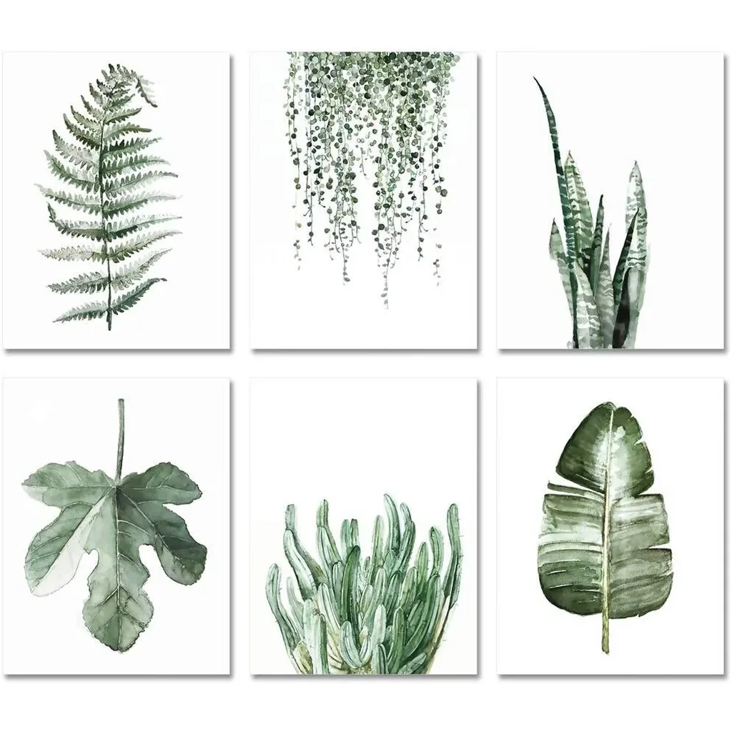 ALAYRA Plant Prints Unframed Posters Wall Art for Living Room Decor, 8x10 Poster Canvas Prints Set of 6, Botanical Prints Wall Art Leaf Posters Sage Green Decor (Option A) 01