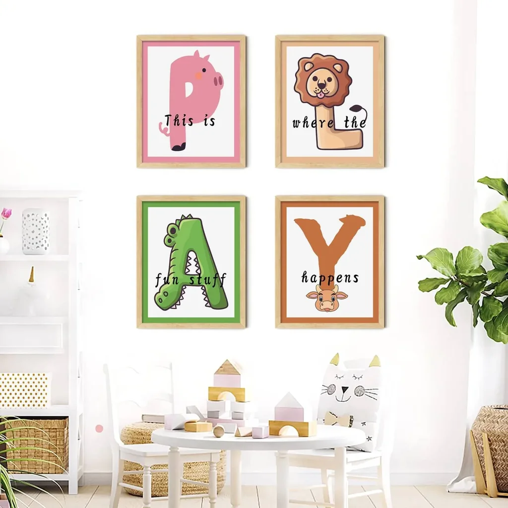 ALAYRA Playroom Decor Wall Lets Play Sign 8'' x 10'' Set of 4 Unframed Wall Art Kids Playroom Decor Canvas Wall Decor Toddler Wall Art Kids Room Decor Play Sign for Playroom Wall 01