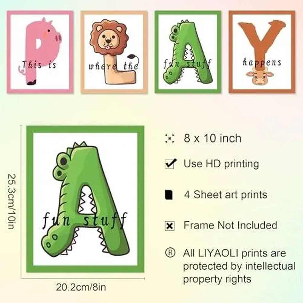 ALAYRA Playroom Decor Wall Lets Play Sign 8'' x 10'' Set of 4 Unframed Wall Art Kids Playroom Decor Canvas Wall Decor Toddler Wall Art Kids Room Decor Play Sign for Playroom Wall 01 - Image 6