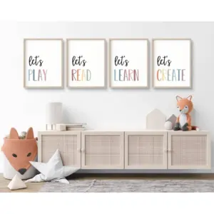 ALAYRA Playroom Kids Wall Art Decor Read Play Sign Classroom Children Wall Art Nursery Canvas Pictures Baby Girl Reading Posters Kids Artwork for 12x16 Inches Unframed Set of 4 01