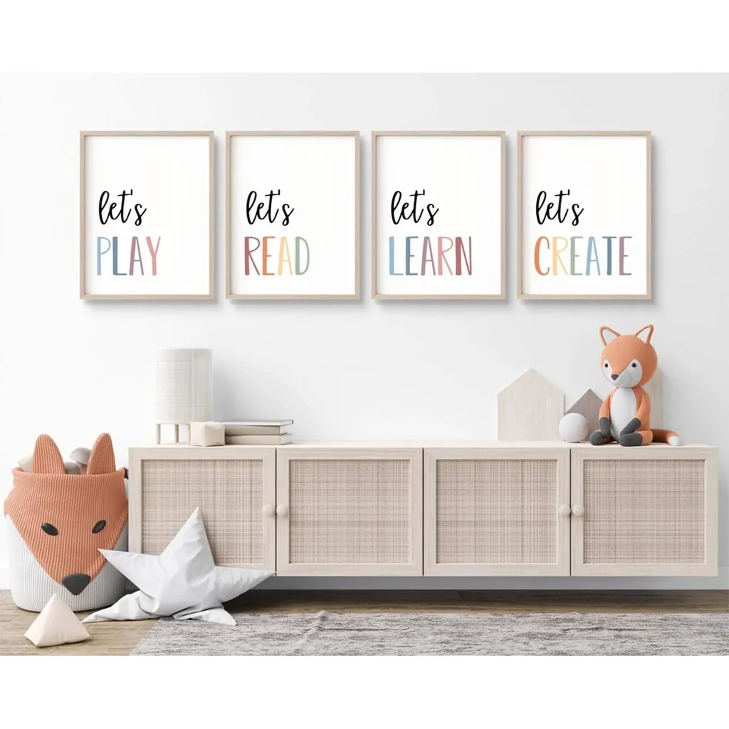 ALAYRA Playroom Kids Wall Art Decor Read Play Sign Classroom Children Wall Art Nursery Canvas Pictures Baby Girl Reading Posters Kids Artwork for 8x10 Inches Unframed Set of 4 01