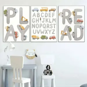 ALAYRA Playroom Wall Art Kids Cartoon Alphabet Wall Art Canvas Painting Read and Play Nursery Wall Pictures, Nordic Art Prints Nursery Posters Baby Boy Room Decor Unframed 01