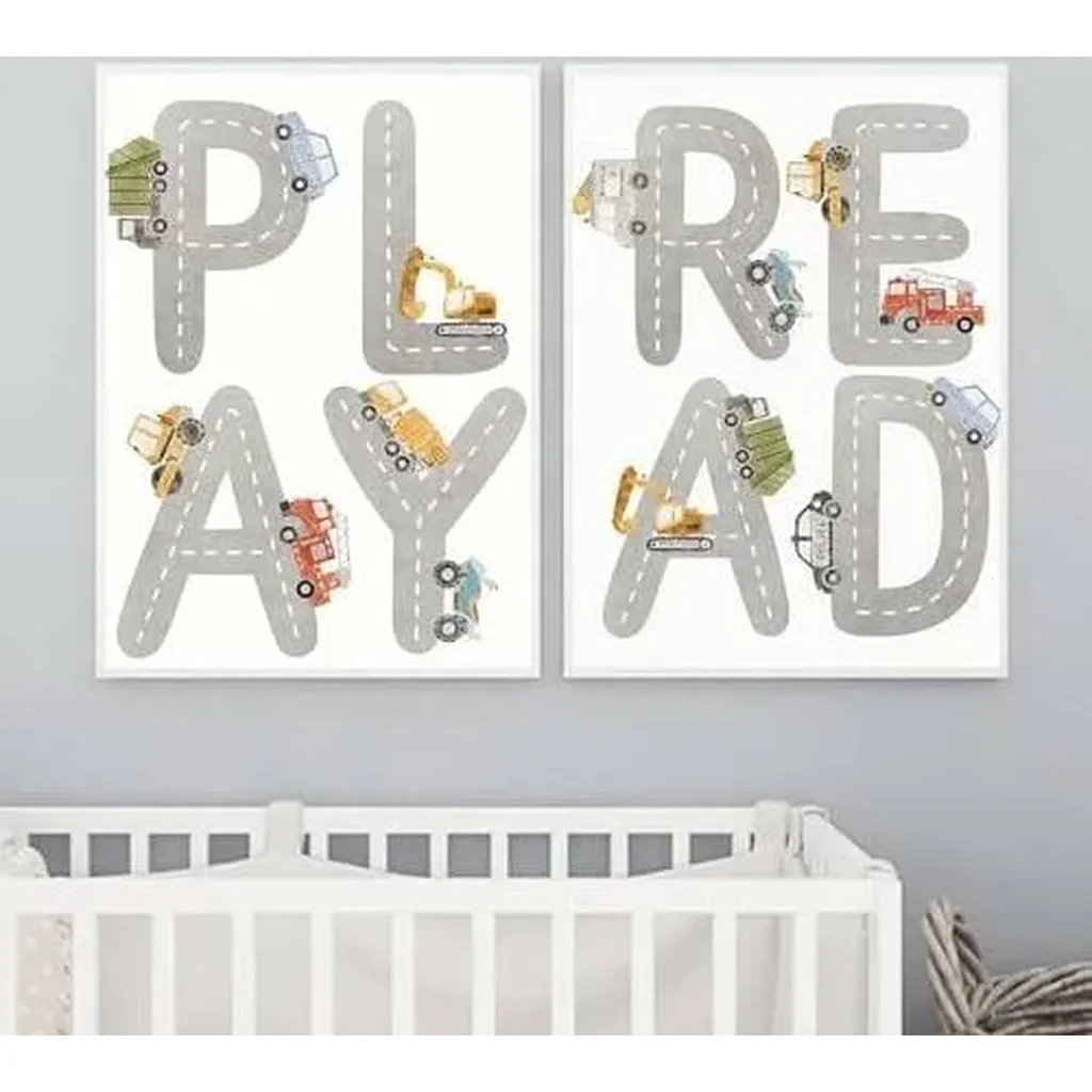 ALAYRA Playroom Wall Art Kids Cartoon Alphabet Wall Art Canvas Painting Read and Play Nursery Wall Pictures, Nordic Art Prints Nursery Posters Baby Boy Room Decor Unframed 01 - Image 4
