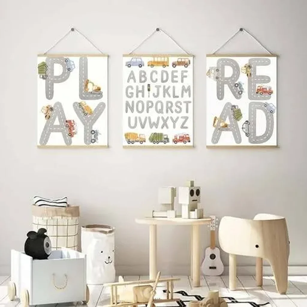 ALAYRA Playroom Wall Art Kids Cartoon Alphabet Wall Art Canvas Painting Read and Play Nursery Wall Pictures, Nordic Art Prints Nursery Posters Baby Boy Room Decor Unframed 01 - Image 6