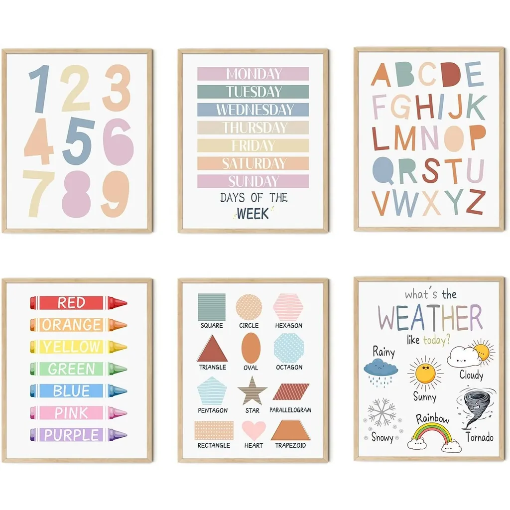 ALAYRA Poster for Toddlers Wall Art Print 8 x 10 Inch Set of 6 Unframed Numbers Weather Boho Alphabet for Classroom Wall Kids Bedroom Nursery Playroom Decor Neutral Wall Decor 01