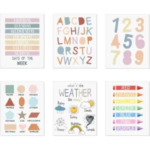ALAYRA Poster for Toddlers Wall Art Print Playroom Decor Cute Numbers Alphabet Weather Wall Art Poster 11 x 14 inch Set of 6 Unframed for Classroom Nursery Boho Classroom Decor 01