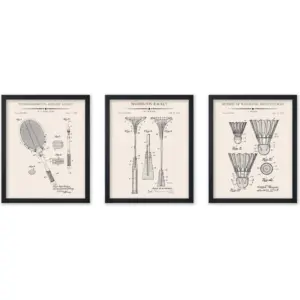 ALAYRA Poster Master 3-Piece Sports Blueprint Poster - Tennis Racket Patent Print - Badminton Racket Art - Shuttlecocks Art - Sports Art - Technical Drawing Art - Gym Wall Decor - 8x10 UNFRAMED Wall A